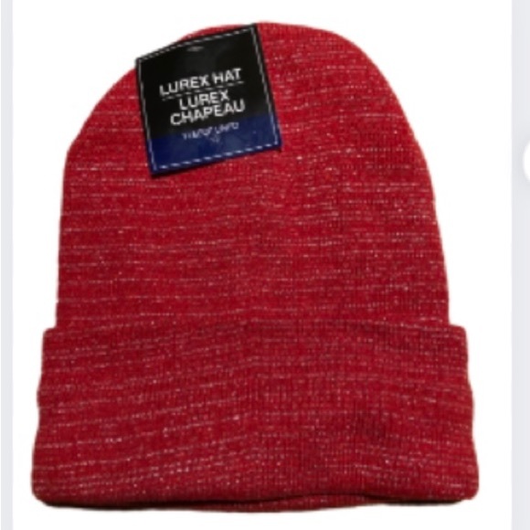 NWT Lurex Fleece Lined Red & Silver Metallic Winter Beanie Hat OSFM - Picture 2 of 9